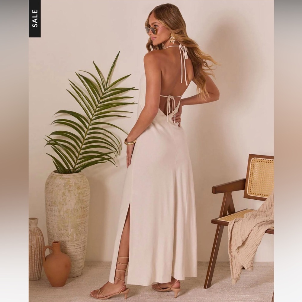 VICI Cream Linen Blend Halter Maxi Dress XS Open Back Tie Slit Beach Vacation